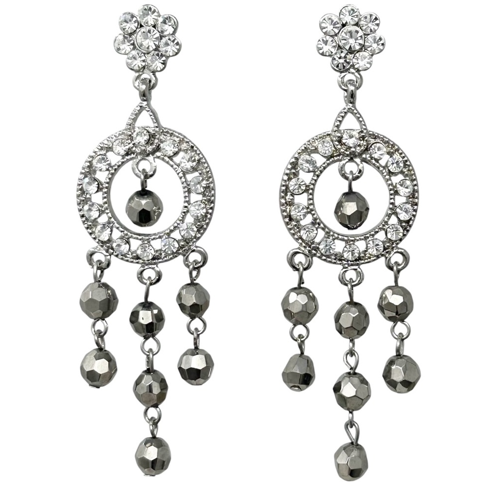 Hematite Grey Glass Bead Rhinestone Chandelier Post Drop Earrings
